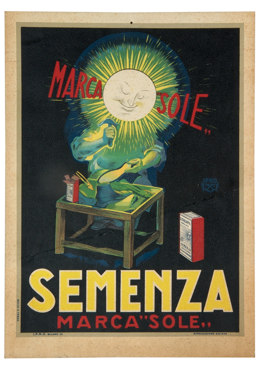 calzolaio con viso a forma di sole inchioda la suola di una scarpa (locandina) - ambito italiano (sec. XX)