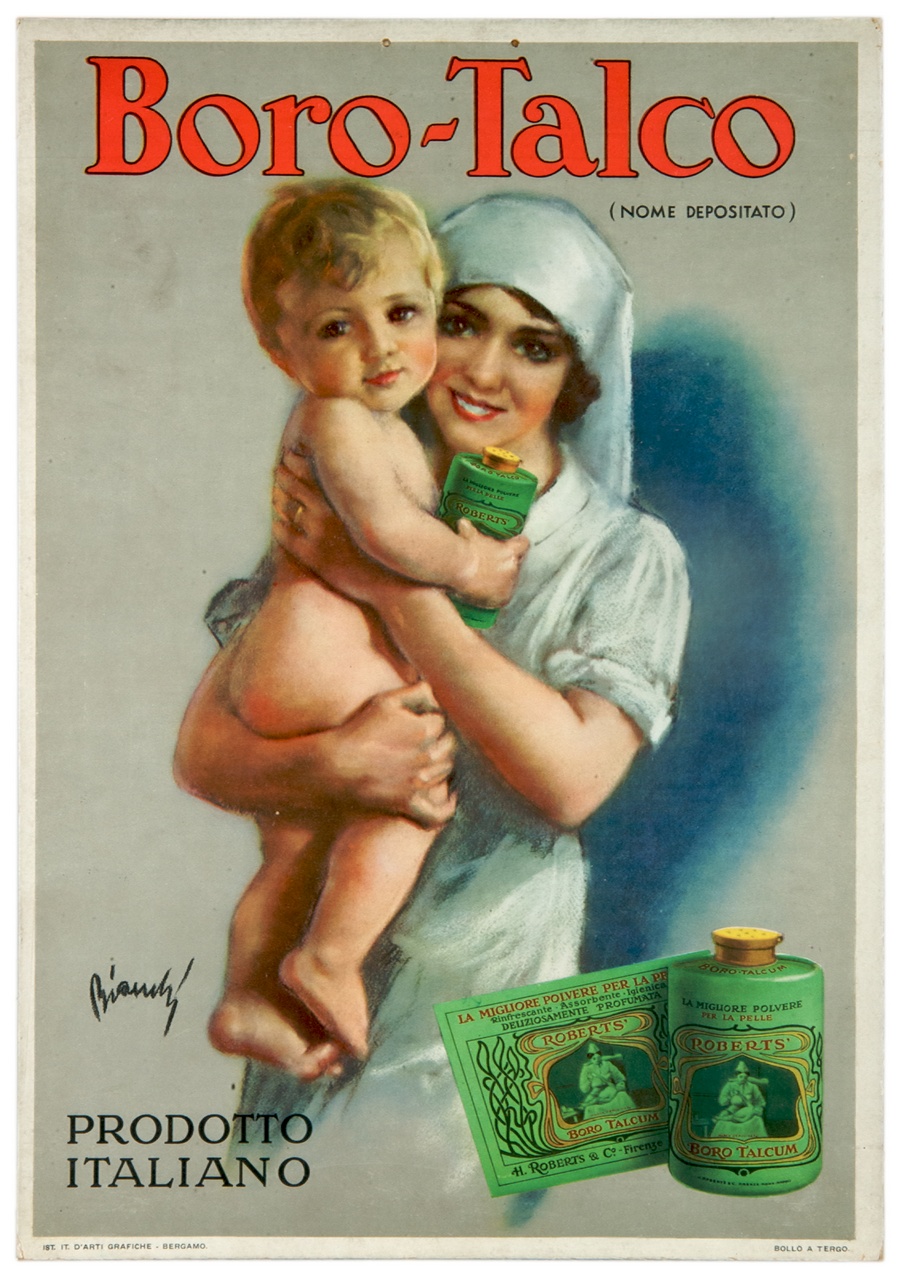 infermiera con bambino in braccio che mantiene un barattolo di talco (locandina) di Bianchi Alberto (sec. XX)