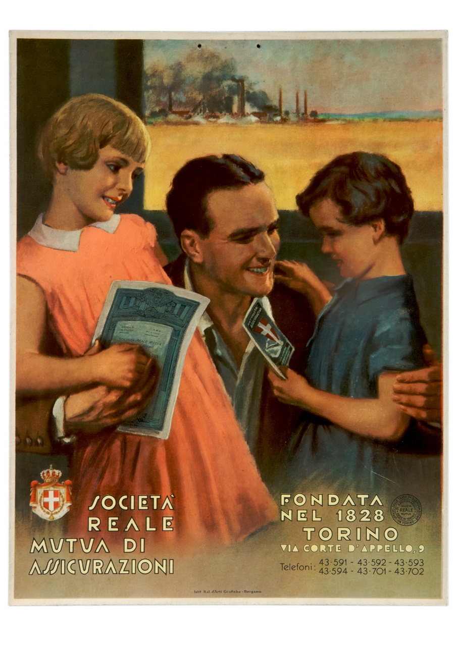 padre sorridente abbraccia i figli con in mano un opuscolo (locandina) di Bianchi Alberto (sec. XX)