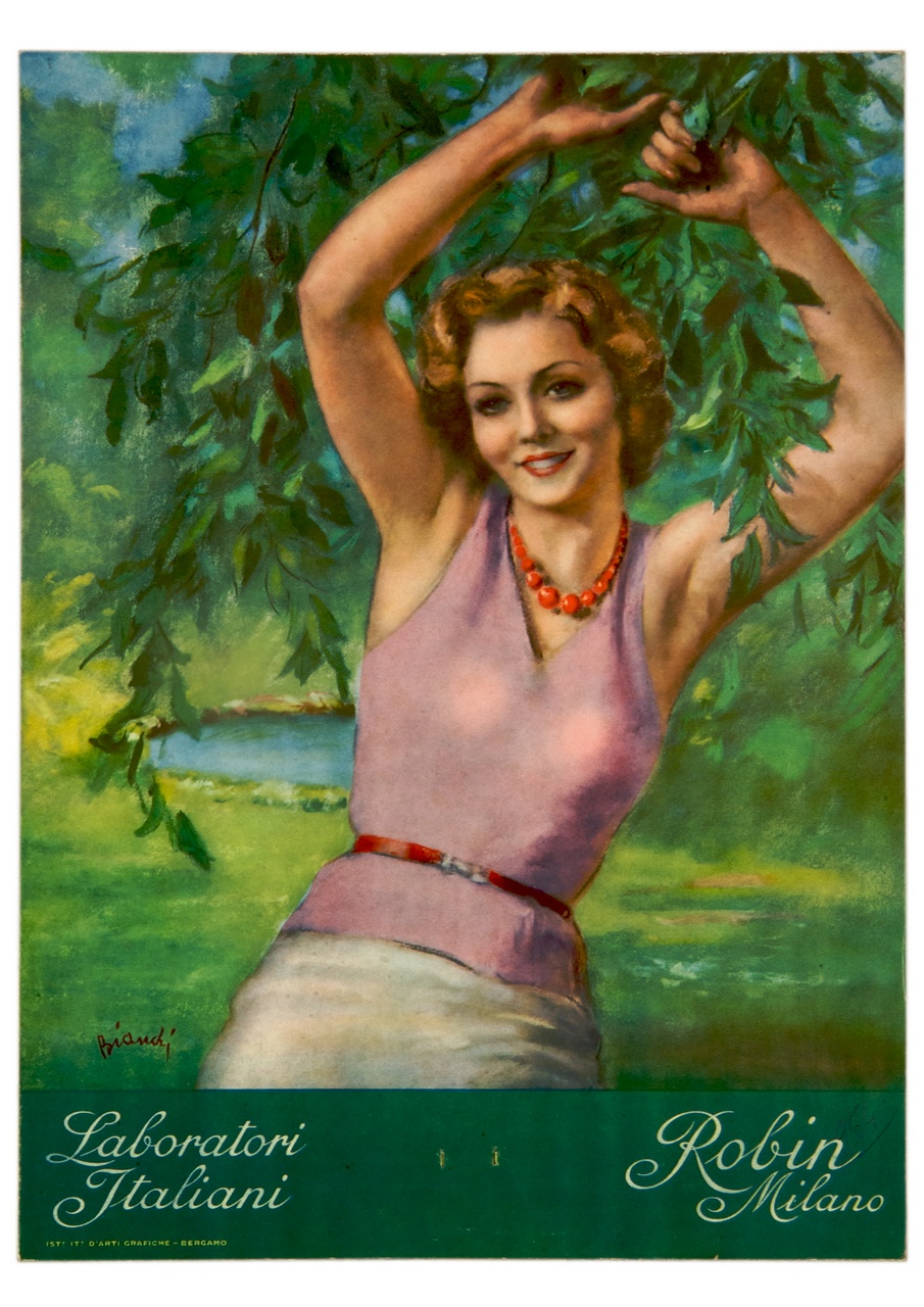 donna sorridente trattiene le fronde di un albero in un giardino (calendario) di Bianchi Alberto (sec. XX)
