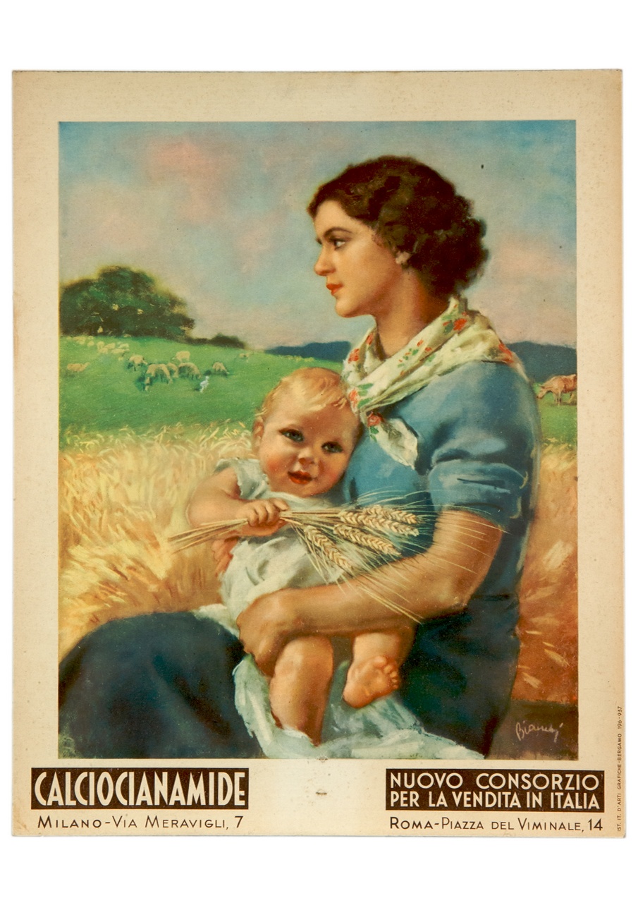 mamma con bambino in braccio seduti in un campo di grano (calendario) di Bianchi Alberto (sec. XX)