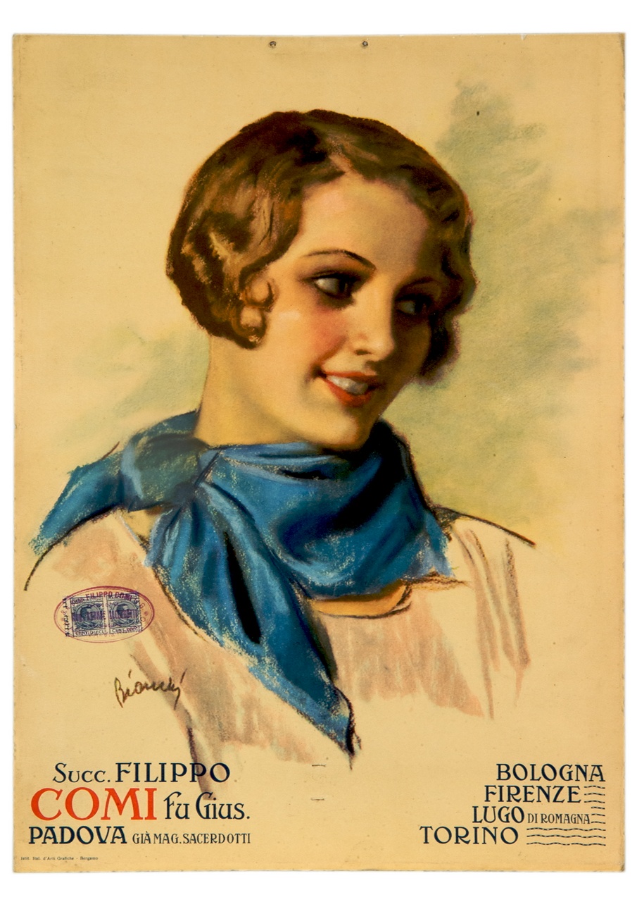 ritratto a mezzo busto di donna con fazzoletto blu al collo (calendario) di Bianchi Alberto (sec. XX)