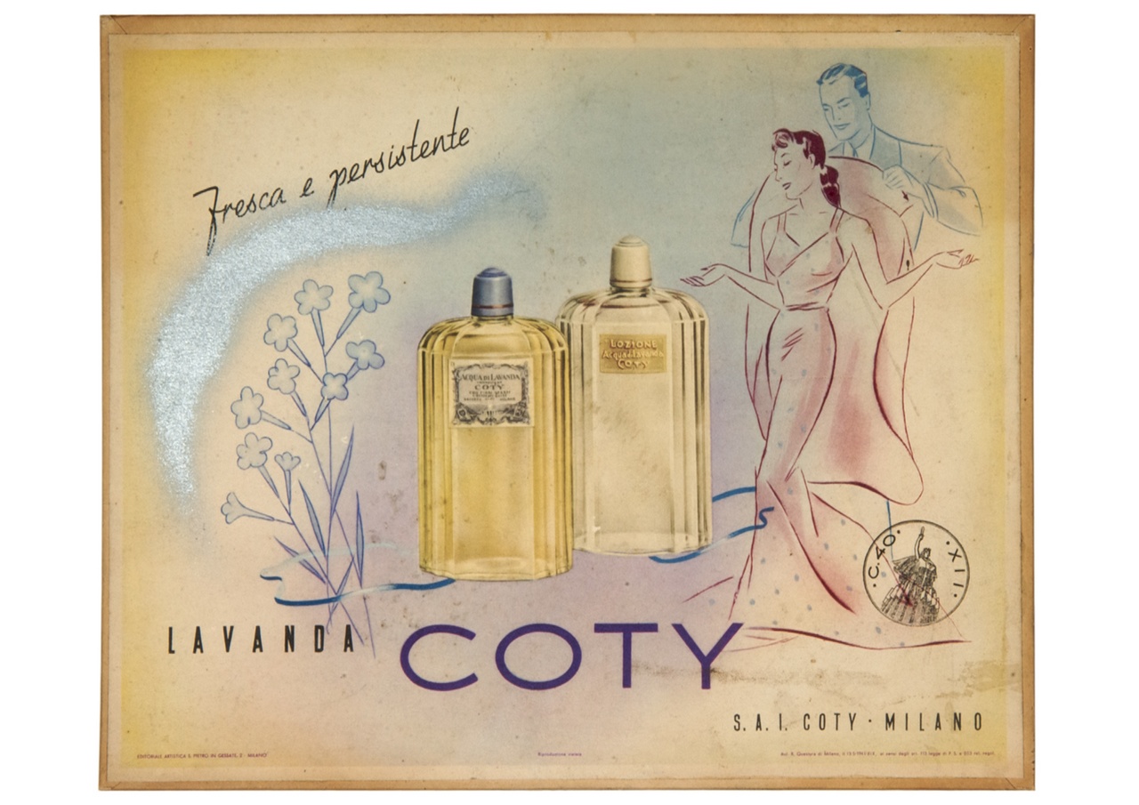 coppia in abito da sera con fiori e profumi (locandina) - ambito italiano (sec. XX)