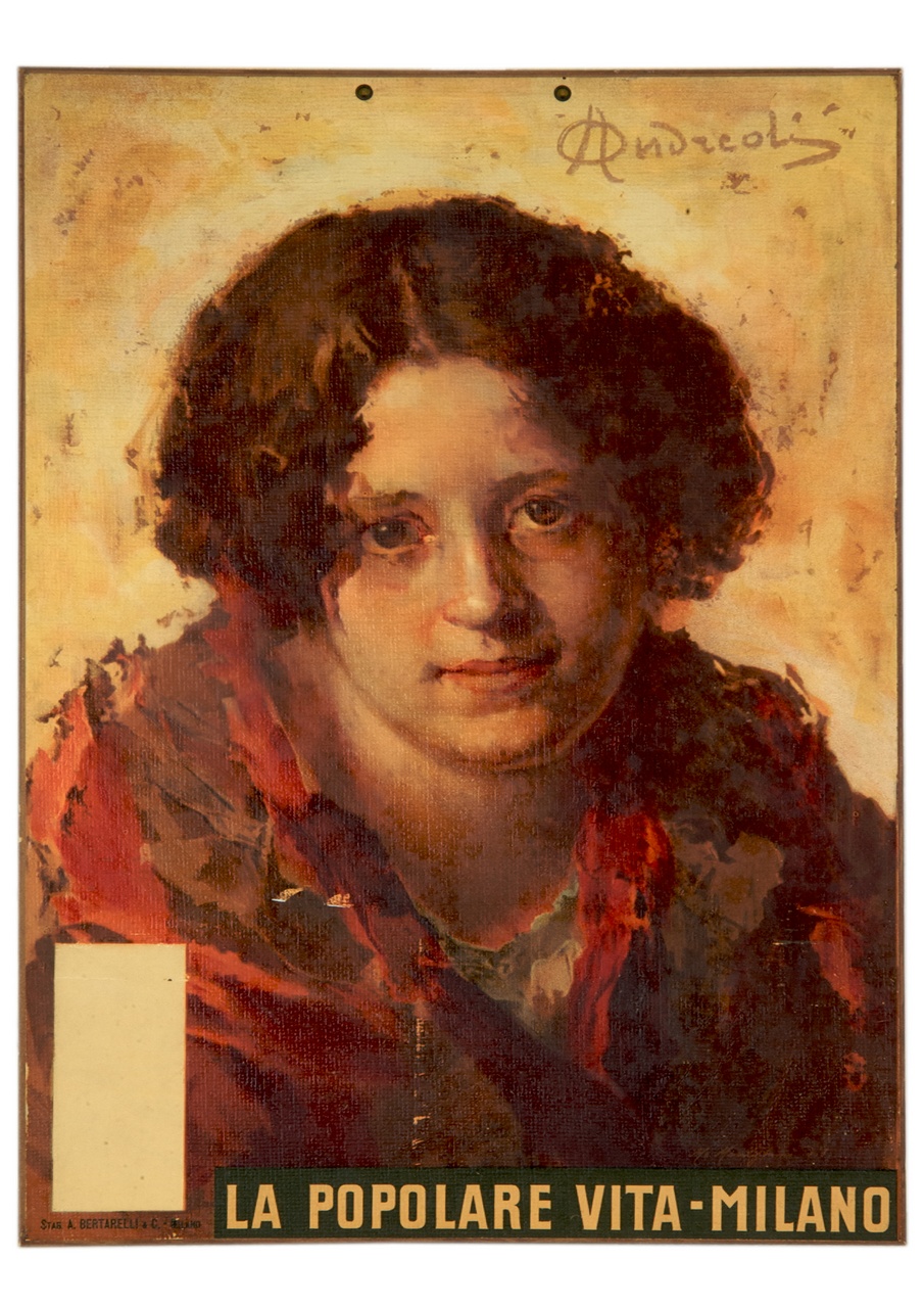ritratto a mezzo busto di donna in cappotto rosso (calendario) di Andreoli Attilio (sec. XX)