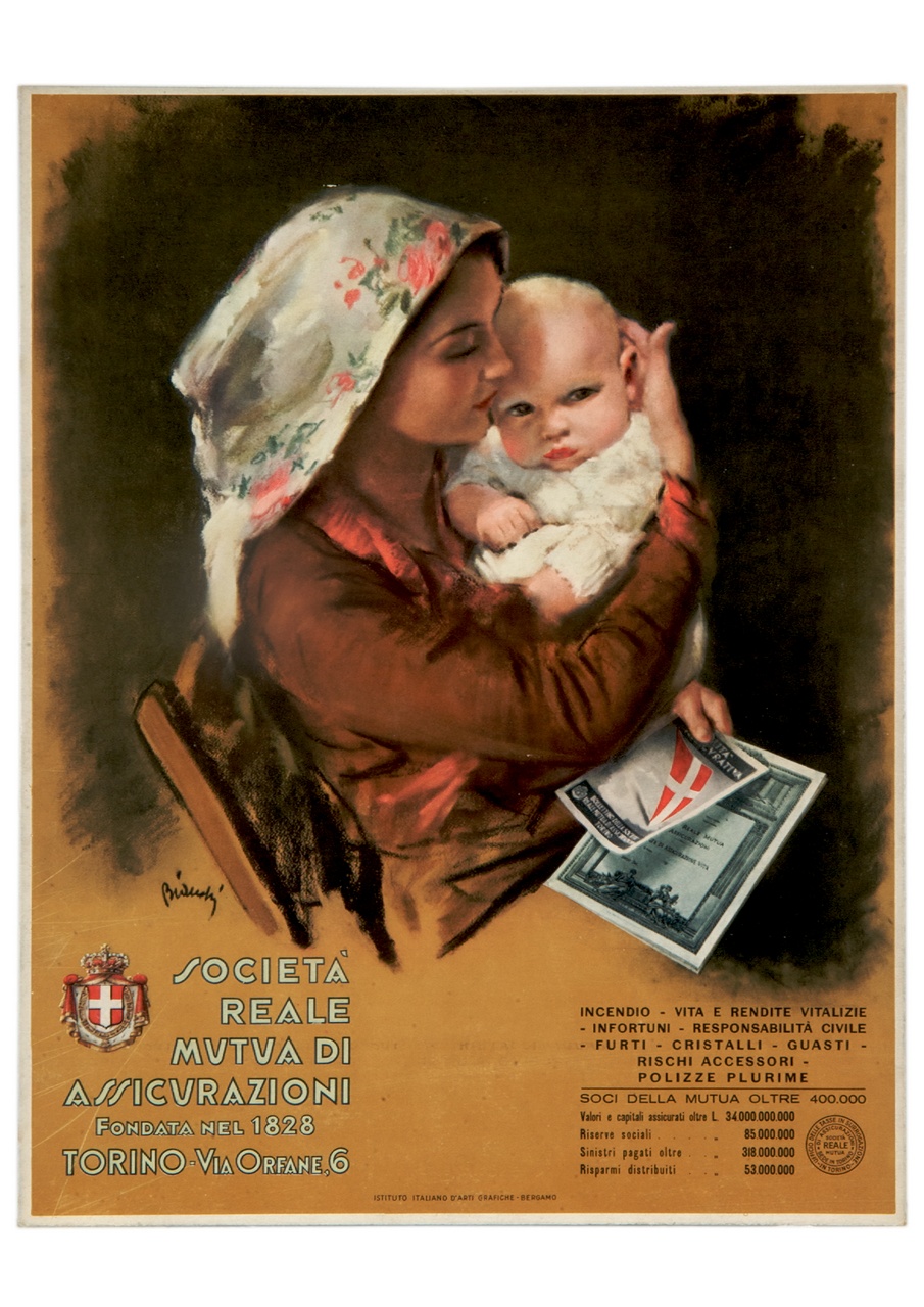 madre con figlio in braccio e opuscoli in una mano (calendario) di Bianchi Alberto (sec. XX)