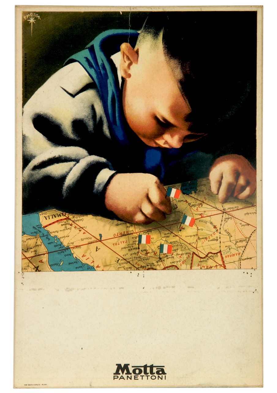 bambino pianta bandiere italiane su carta geografica dell'Africa Orientale (calendario) di Mosca Franco (sec. XX)