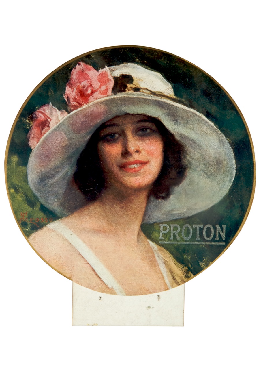 ritratto a mezzo busto di donna con rose sul cappello (locandina) di Grosso Giacomo (sec. XX)