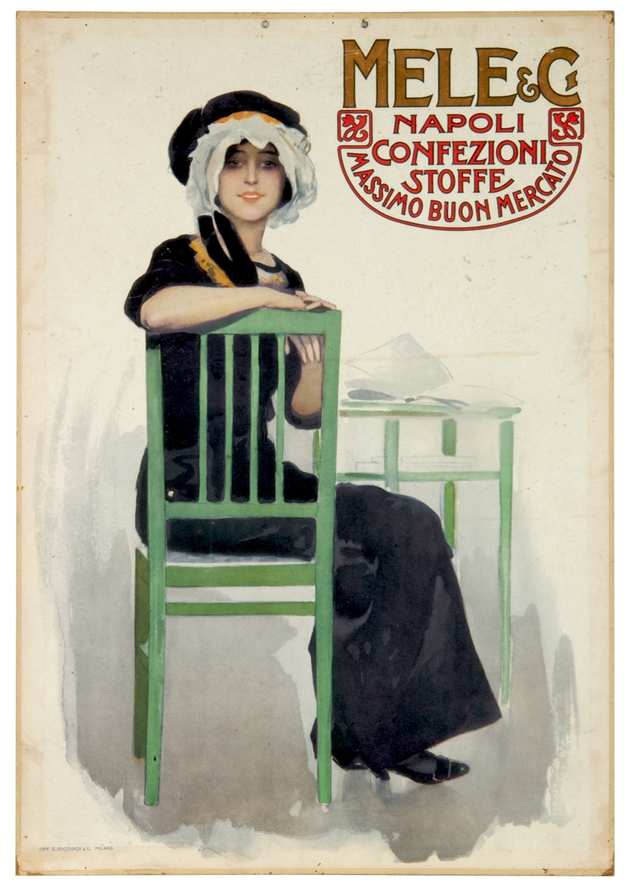 donna in abito nero seduta su una sedia con braccio sullo schienale (locandina) di Mauzan Achille Luciano (attribuito) (sec. XX)