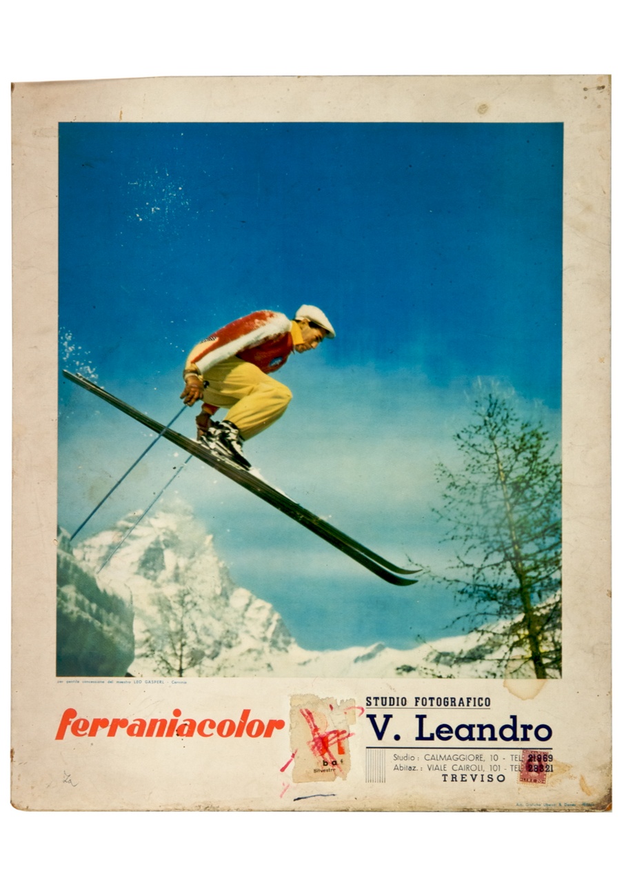 Leo Gasperl fa un salto sugli sci davanti al Cervino (locandina) - ambito italiano (sec. XX)