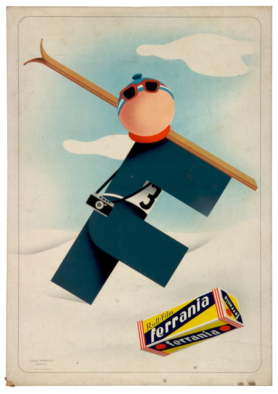 sciatore stilizzato a forma di F con macchina fotografica a tracolla (tabella) di Mingozzi Giovanni - ambito italiano (sec. XX)