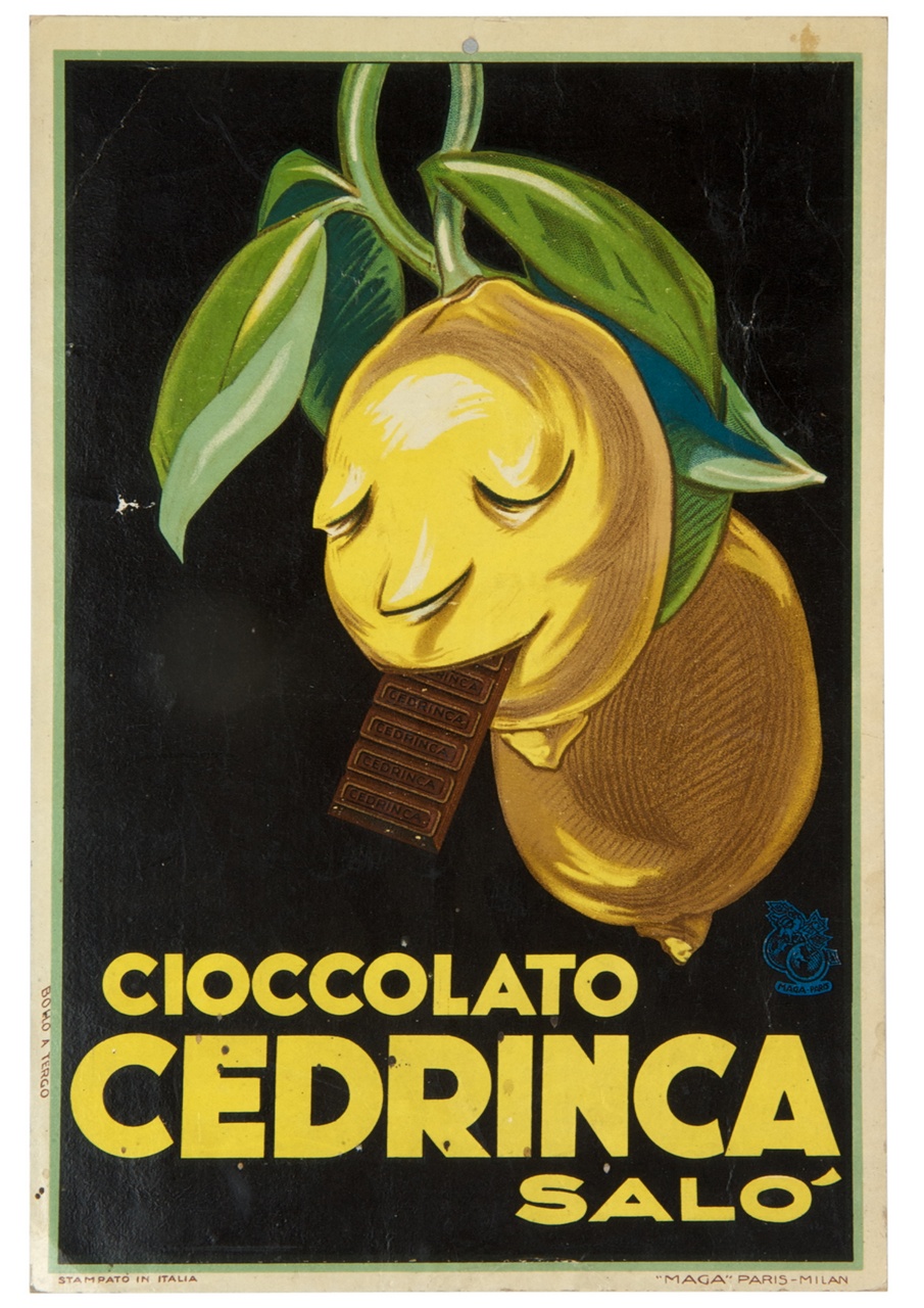 un limone addenta una tavoletta di cioccolato (locandina) di MAGA (sec. XX)