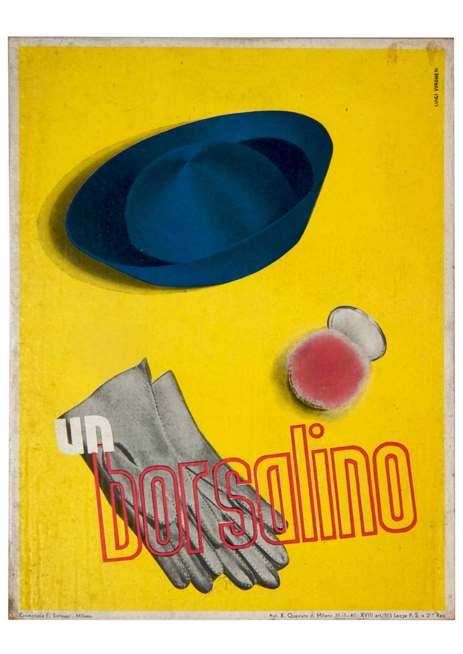 Cappello da donna, guanti e astuccio per cipria su fondo giallo (tabella) di Veronesi Luigi (sec. XX)