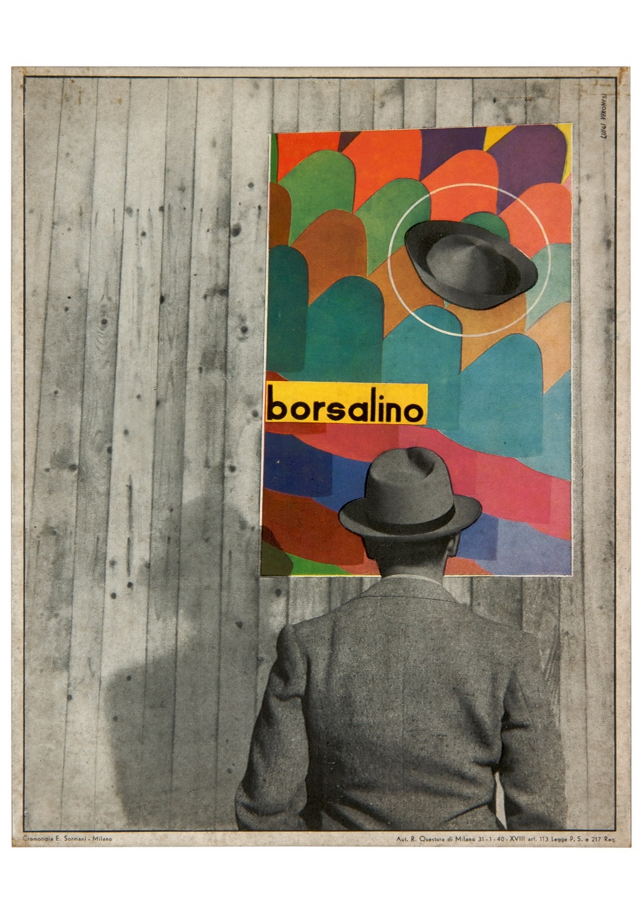 uomo con giacca e cappello osserva un manifesto pubblicitario con cappello (tabella) di Veronesi Luigi (sec. XX)