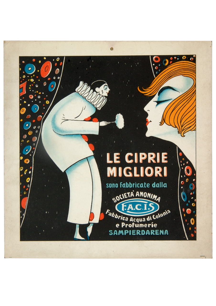Pierrot incipria con un piumino il viso di una donna dai capelli rossi (locandina) - ambito italiano (sec. XX)