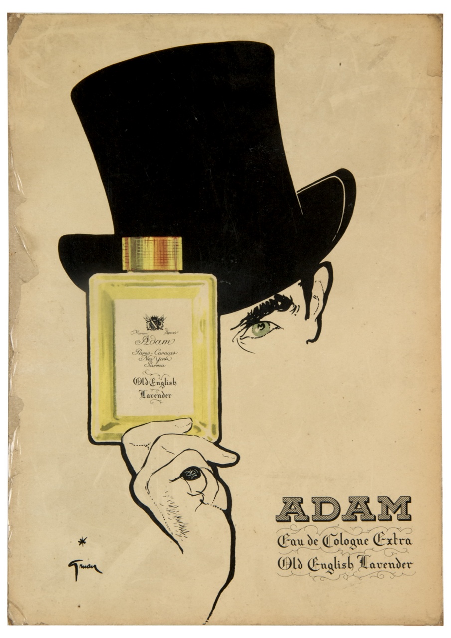 uomo con cappello a cilindro mostra una bottiglia di profumo (tabella) di Gruau René (sec. XX)