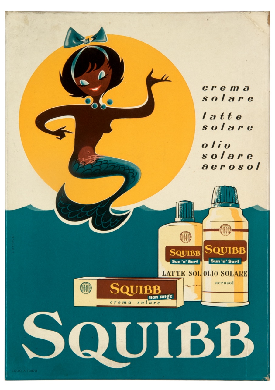 sirena abbronzata e confezioni di prodotti solari (tabella) di Cartocci Lucilio (sec. XX)