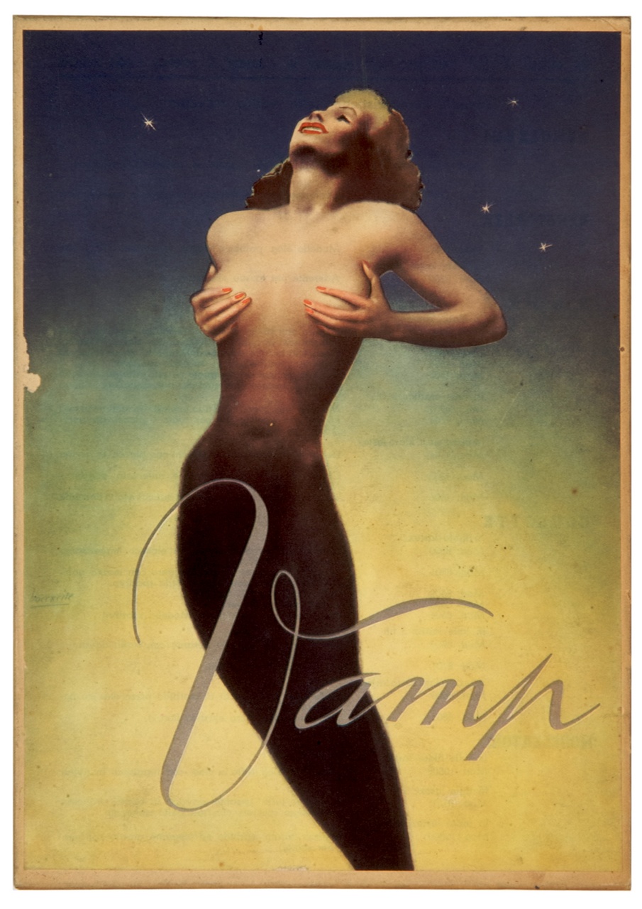 donna nuda si regge il seno con le mani sullo sfondo di un cielo stellato (tabella) di Boccasile Gino (sec. XX)