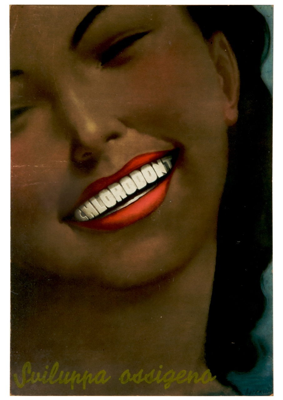 volto di donna sorridente con scritta sopra i denti (locandina) di Boccasile Gino (sec. XX)