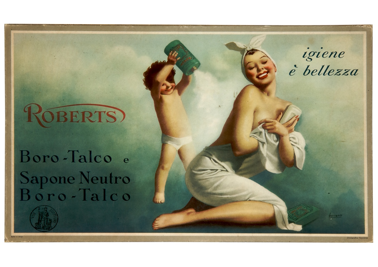 donna sorridente avvolta in un asciugamano e bimbo che le sparge borotalco sul corpo (tabella) di Boccasile Gino (sec. XX)