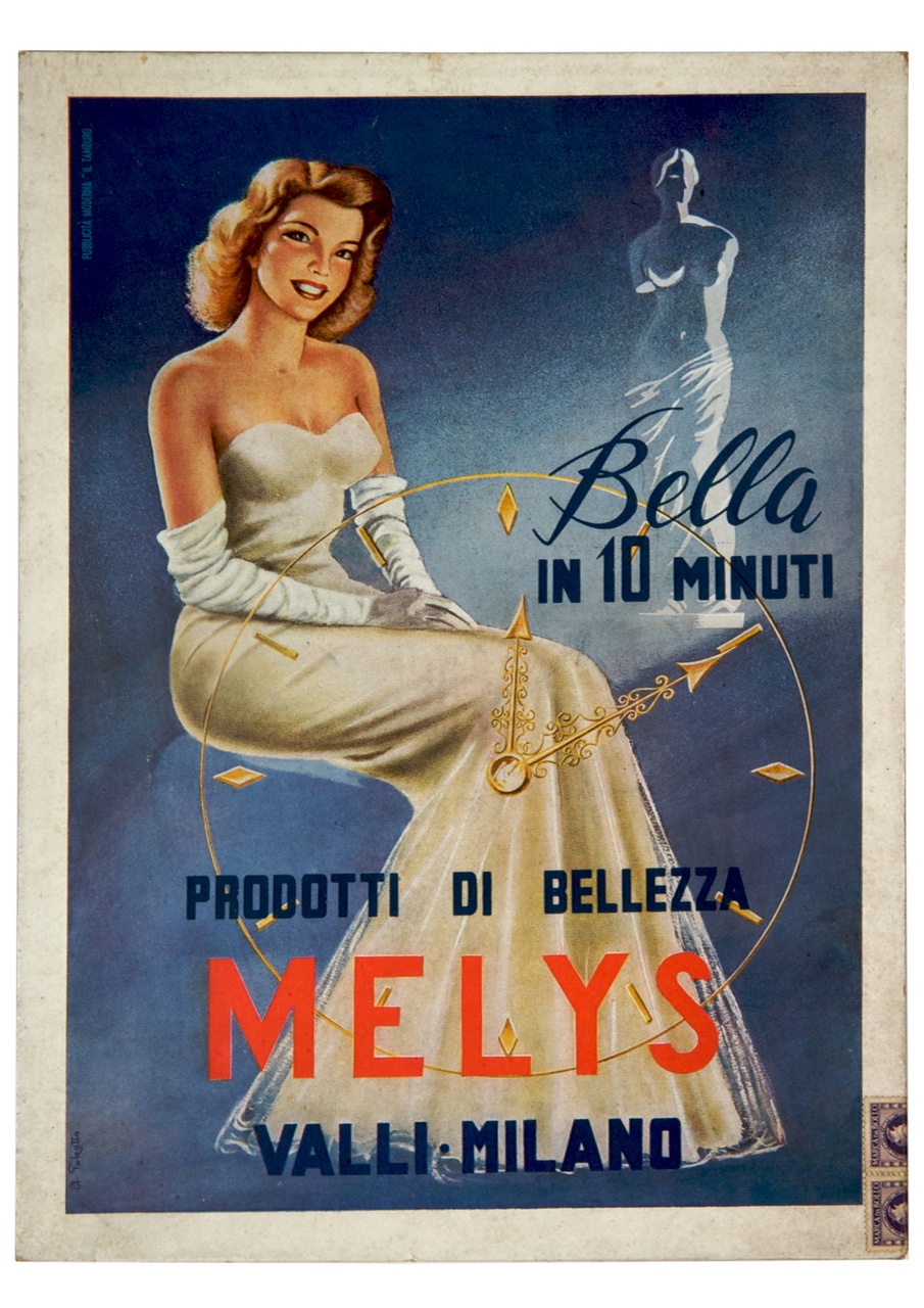 figura femminile in abito da sera dietro a orologio, sullo sfondo una Venere (tabella) - ambito italiano (sec. XX)