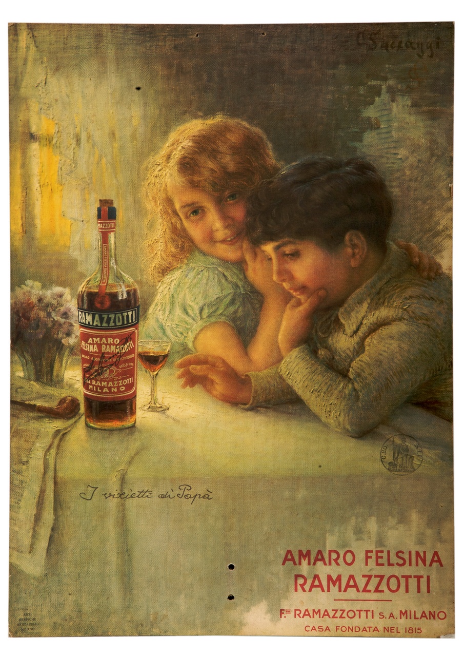 I vizietti di Papà, due bambini a tavola di fronte a una bottiglia di amaro e a un bicchiere (calendario) di Saccaggi Cesare (sec. XX)