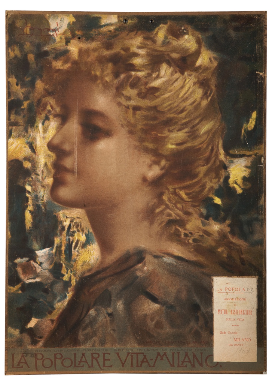 ritratto a mezzo busto di donna dai capelli biondi in un giardino (calendario) di Conconi Luigi (sec. XX)