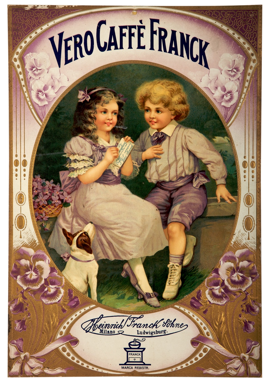 due bambini seduti in un giardino con un cane (locandina) - ambito tedesco (sec. XX)