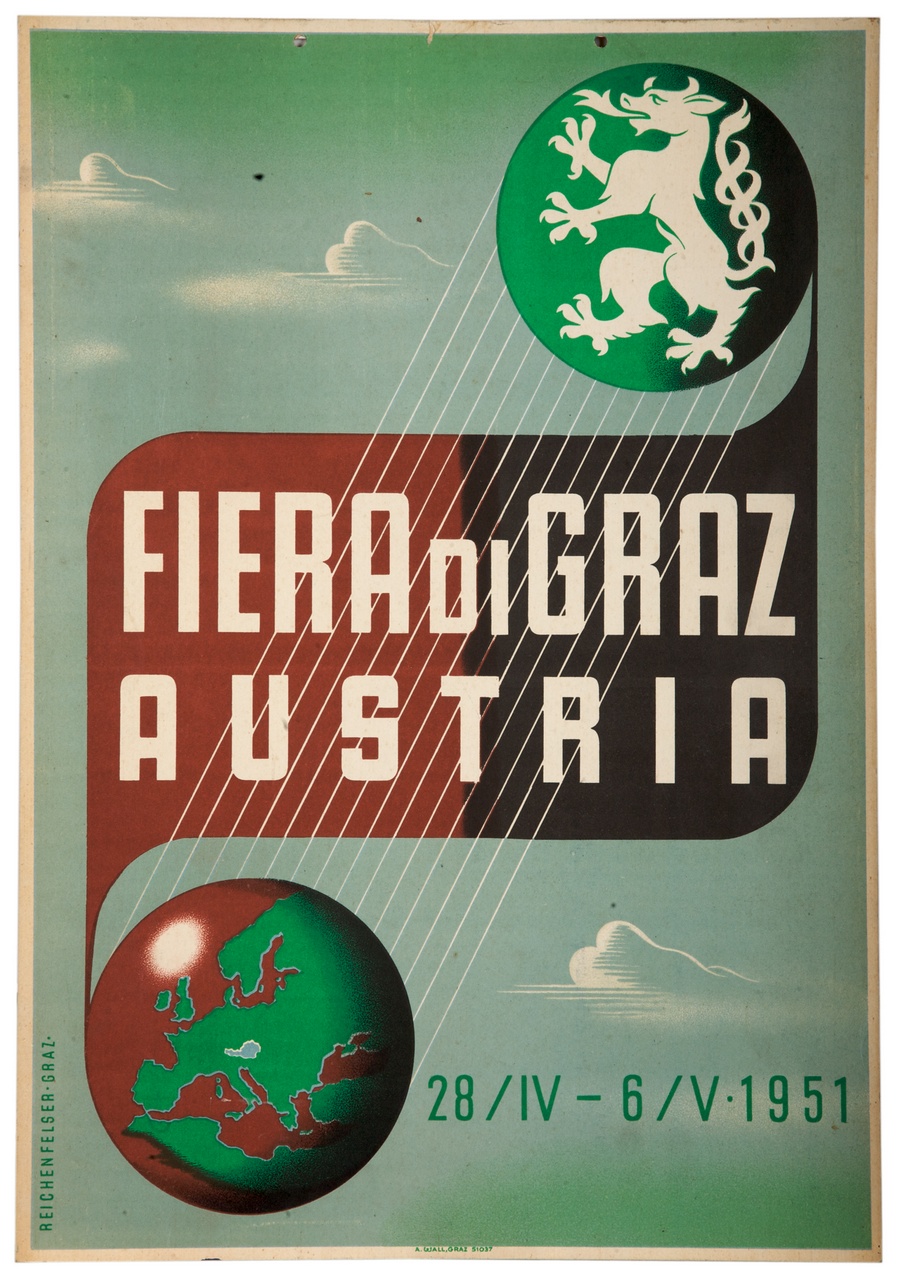 leone araldico, stendardo e globo terrestre contro un cielo azzurro (locandina) di Reichenfelser Heinz (sec. XX)