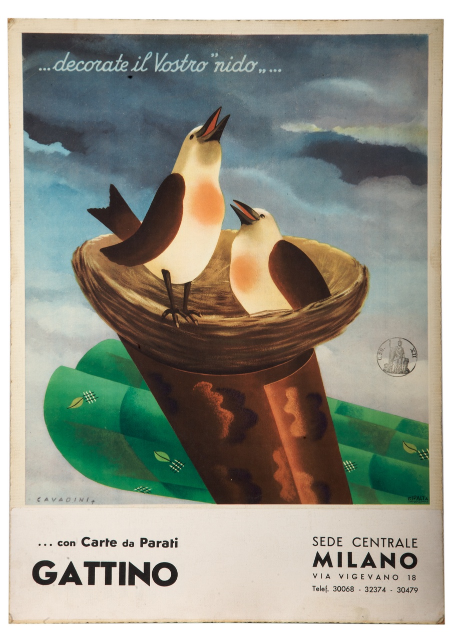 due uccelli cinguettano in un nido sostenuto da un rotolo di carta da parati (locandina) di Cavadini Alfredo (sec. XX)