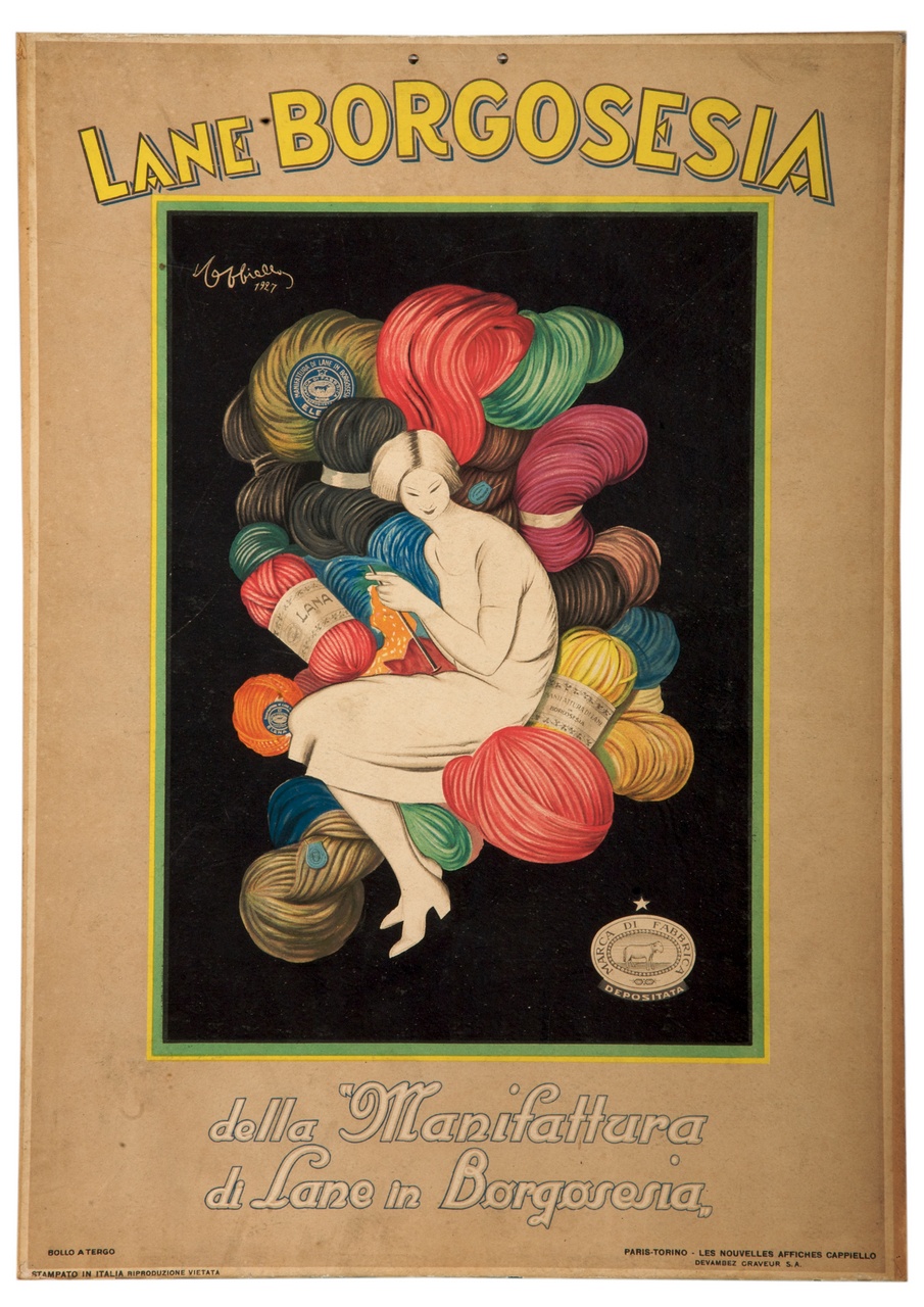 donna fa la maglia seduta su una poltrona di filati (locandina) di Cappiello Leonetto (sec. XX)