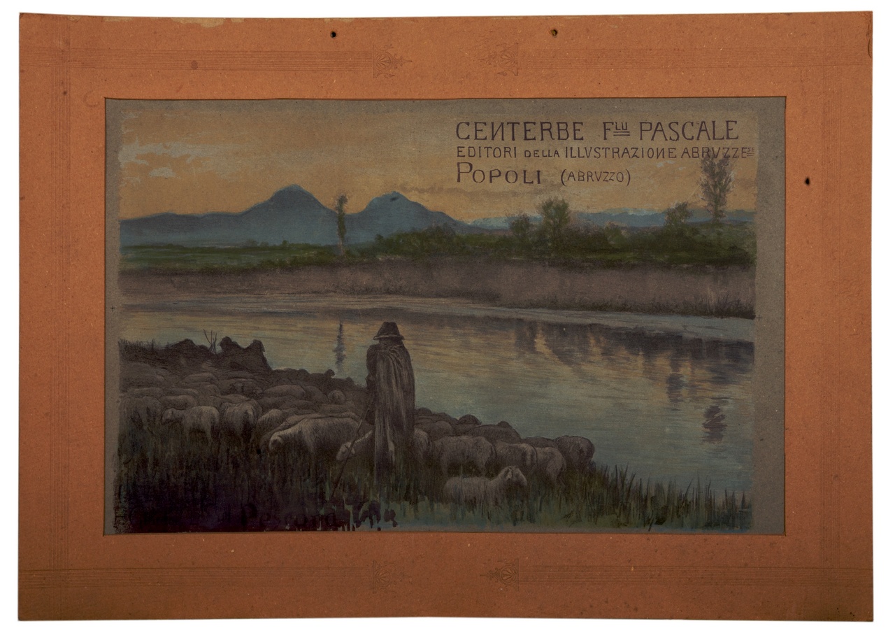 veduta fluviale con pastore che pascola il gregge (locandina) di Cascella Basilio (secc. XIX-XX)