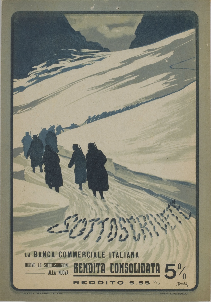 soldati percorrono un sentiero di montagna sotto la neve (locandina) di Barchi (sec. XX)