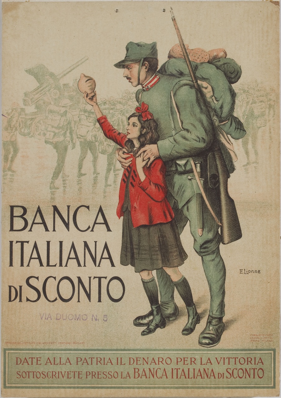 soldato abbraccia una bambina che mostra un salvadanaio (locandina) di Della Leonessa Enrico detto Lionne Enrico (sec. XX)