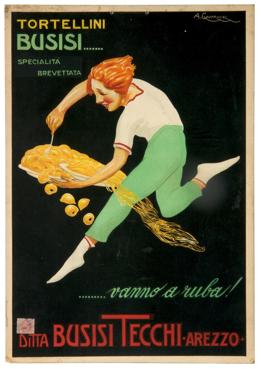 donna sparge spaghetti e tortellini da due piatti (locandina) di Gavaruzzi Armando (sec. XX)