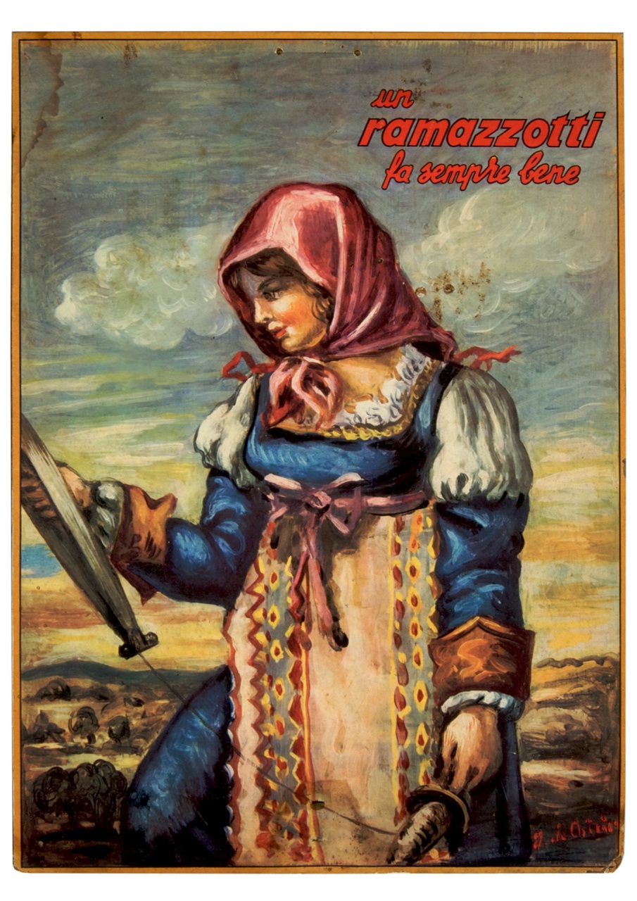 donna in abiti tradizionali lucerani fila la lana (calendario) di De Chirico Giorgio (sec. XX)