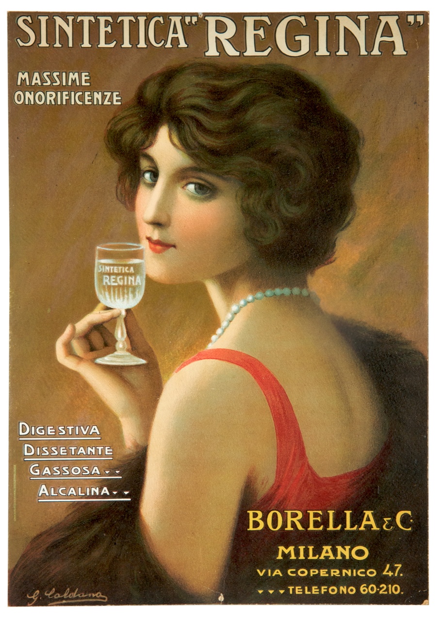 ritratto a mezzo busto di donna con bicchiere in mano (locandina) di Caldana Giovanni (sec. XX)