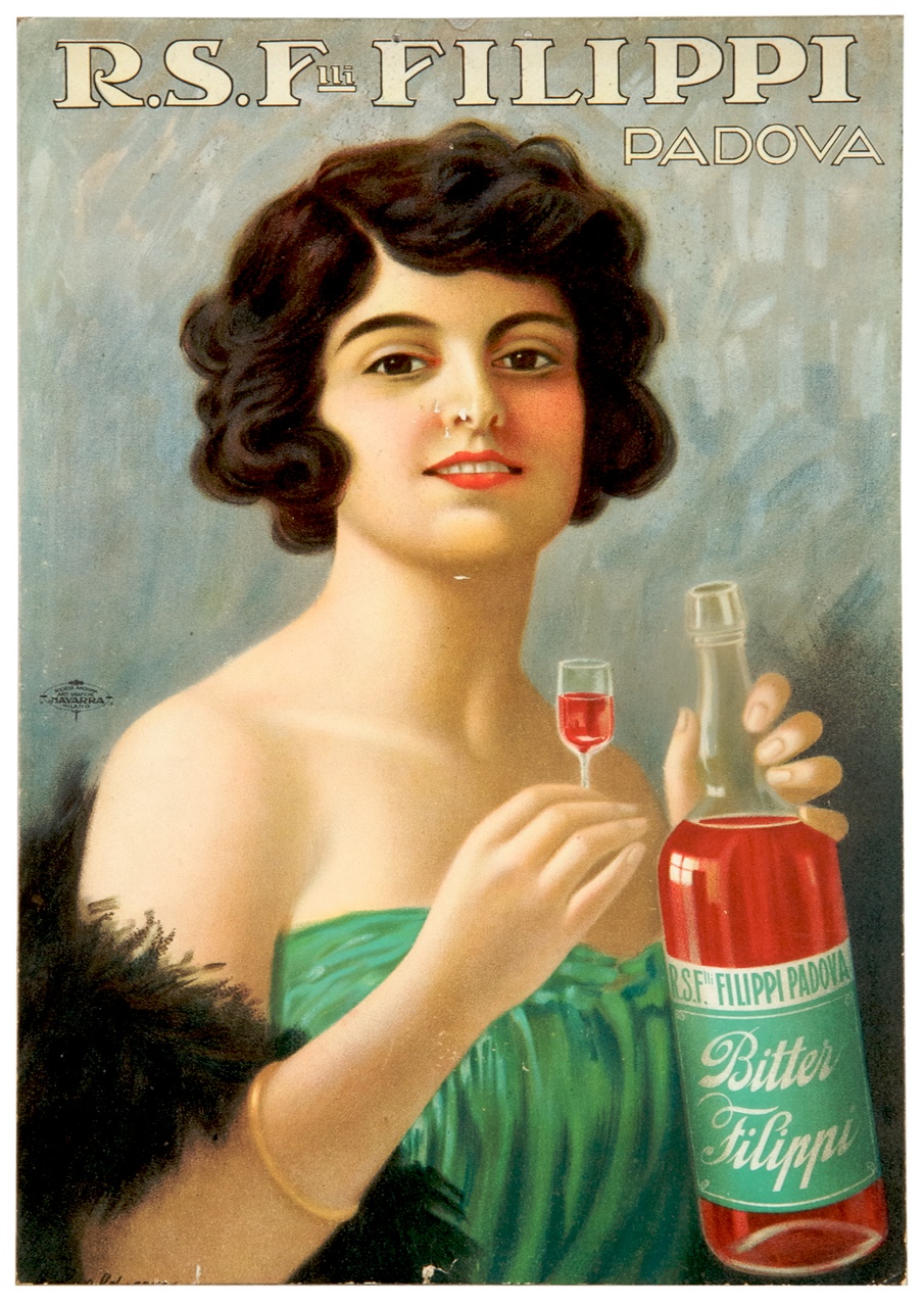 ritratto a mezzo busto di donna con bottiglia e bicchiere in mano (locandina) di Caldana Giovanni (sec. XX)