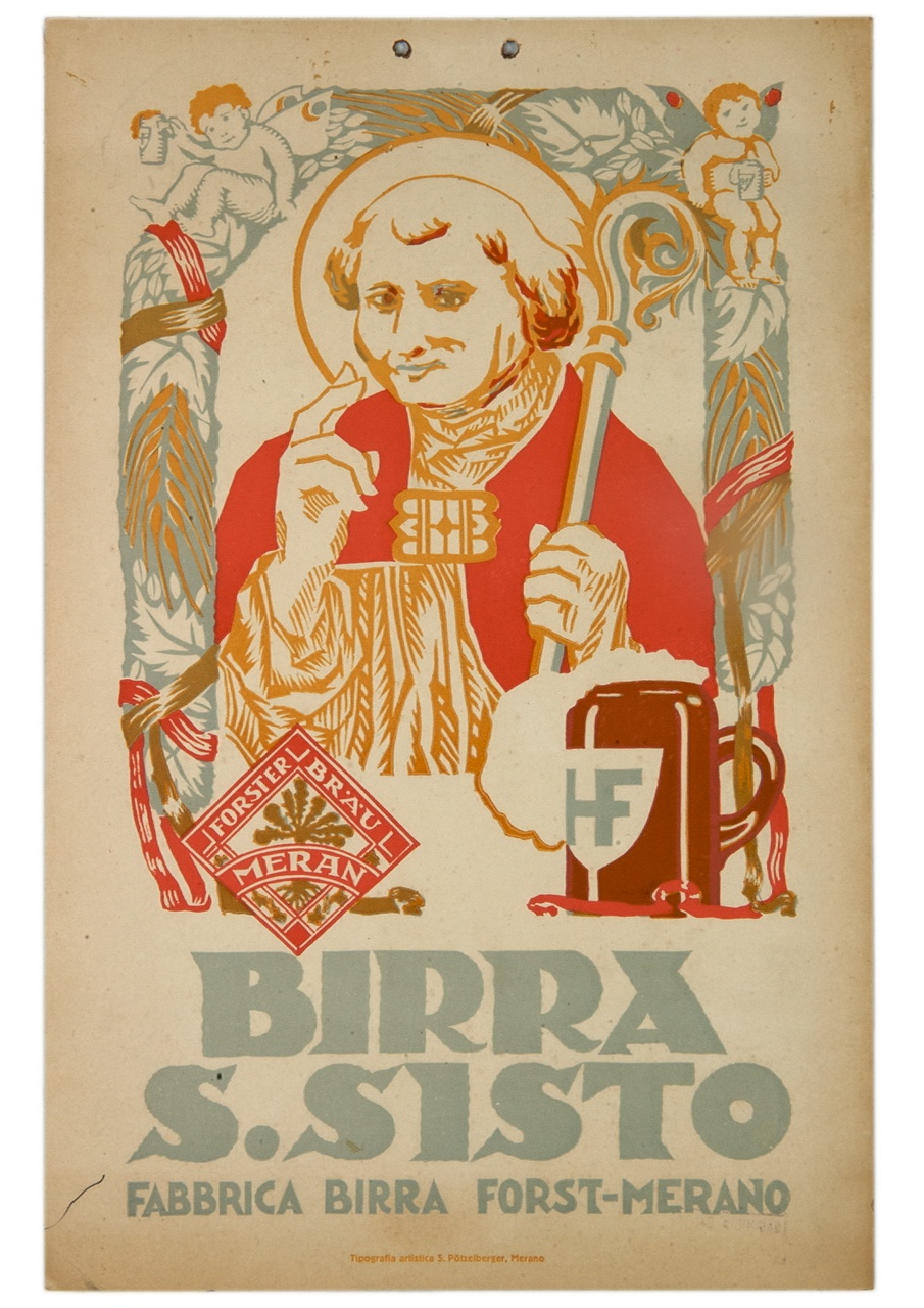 San Sisto benedicente incorniciato da festoni davanti a un boccale di birra (locandina) - ambito altoatesino (secondo quarto sec. XX)