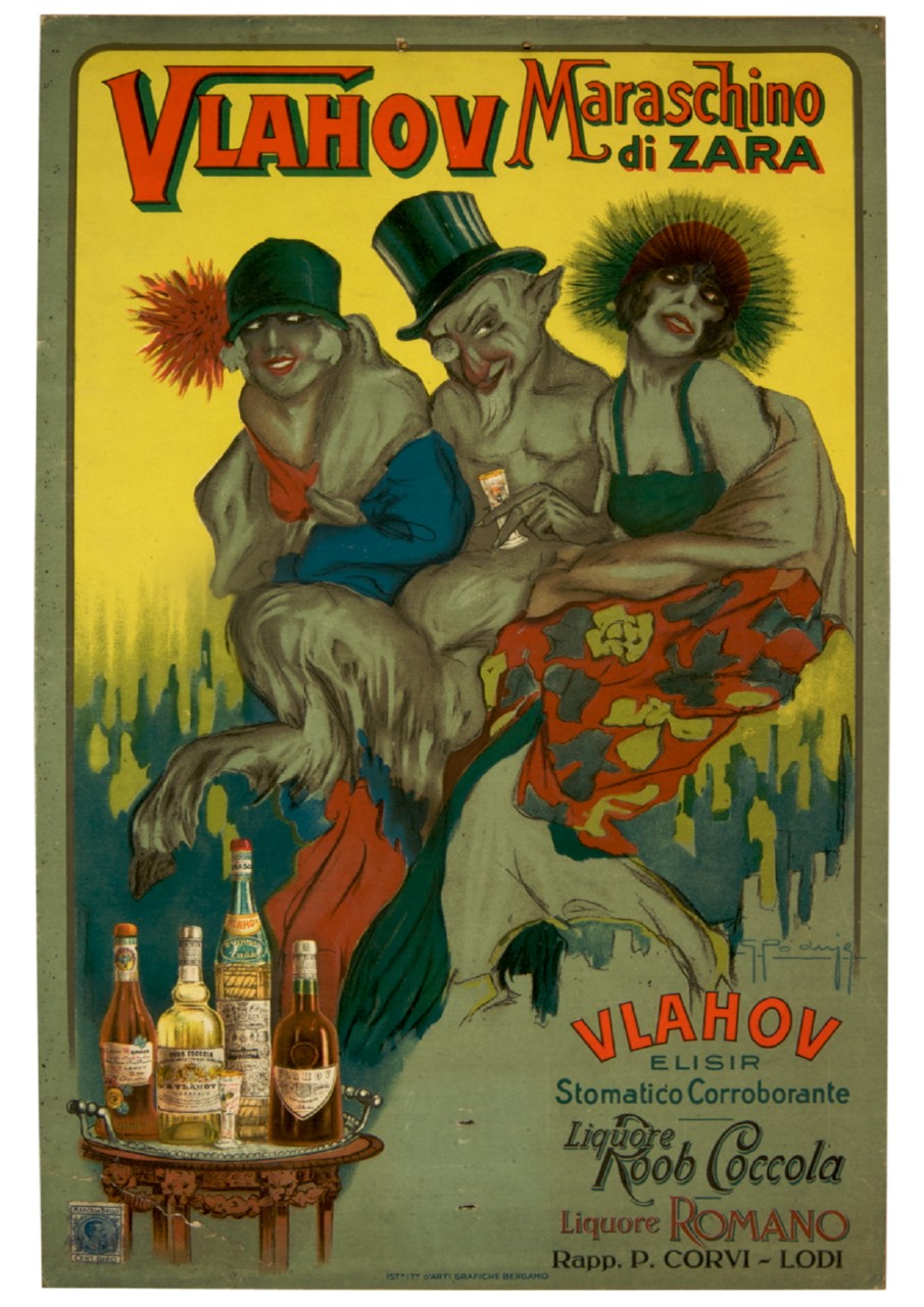 vecchio satiro con cilindro abbracciato a due donne (locandina) di Poduje Gustavo (sec. XX)