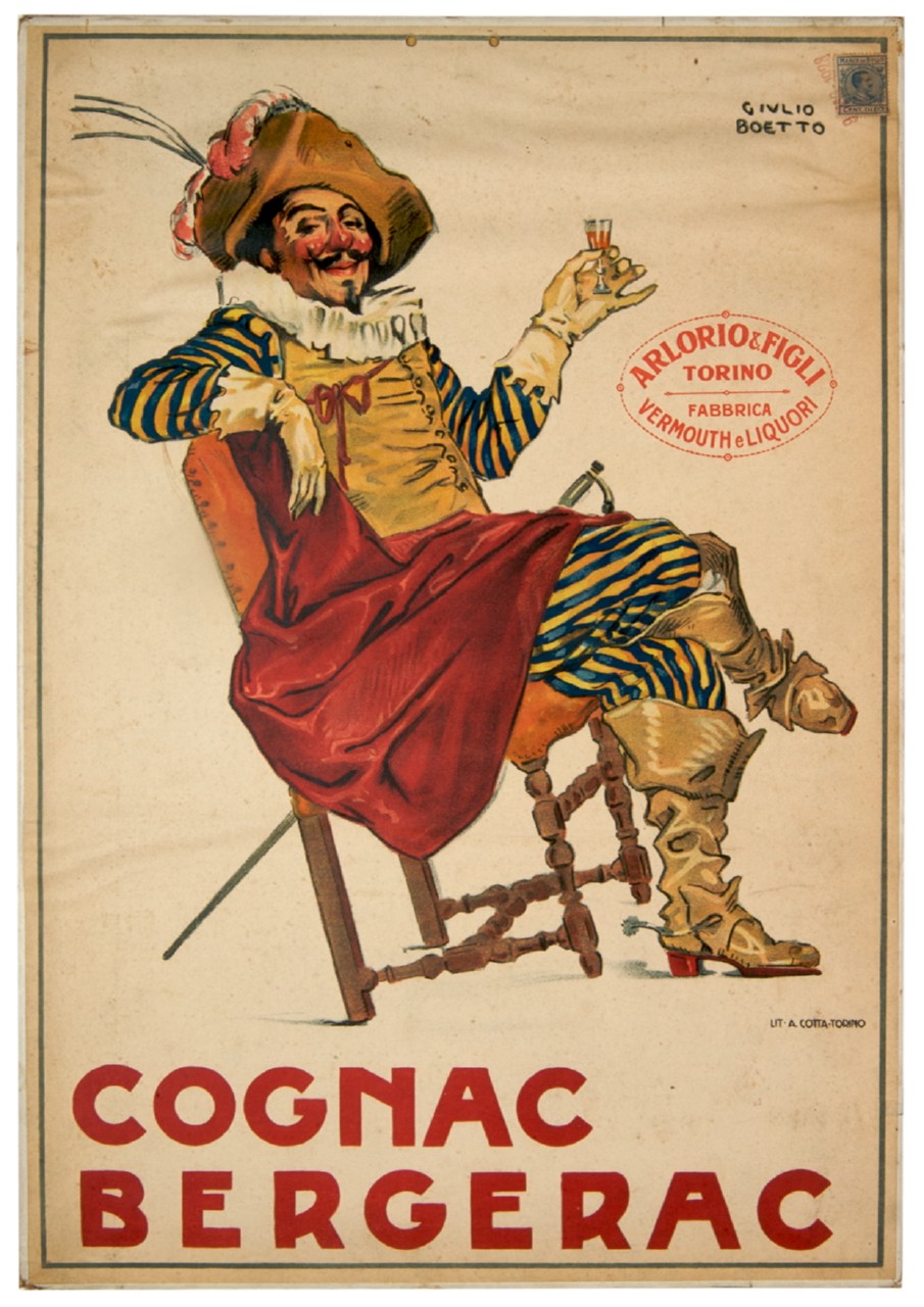 Cyrano de Bergerac seduto gusta un bicchiere di cognac (locandina) di Boetto Giulio (sec. XX)