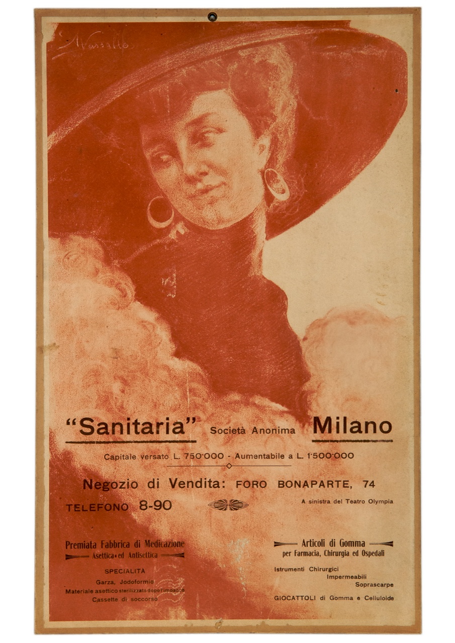 ritratto a mezzo busto di donna con cappello ad ampia tesa e orecchini ad anello (locandina) di Vassallo Armando (primo quarto sec. XX)