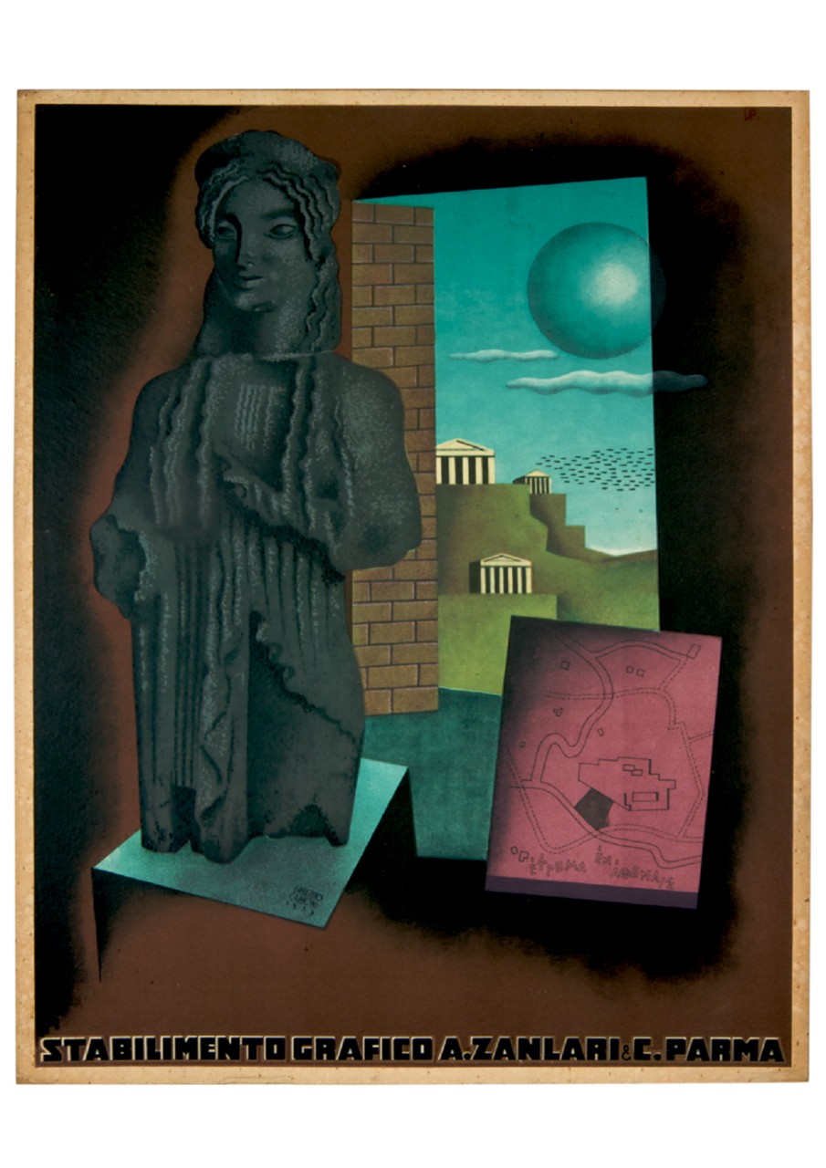 statua e pianta urbana in una stanza con templi di Atene sullo sfondo (locandina) di Carboni Erberto detto Lince (sec. XX)