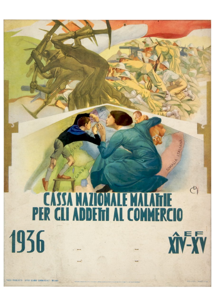 adre e figli indagano una carta geografica dell'Africa Orientale (calendario) di Cambellotti Duilio (sec. XX)