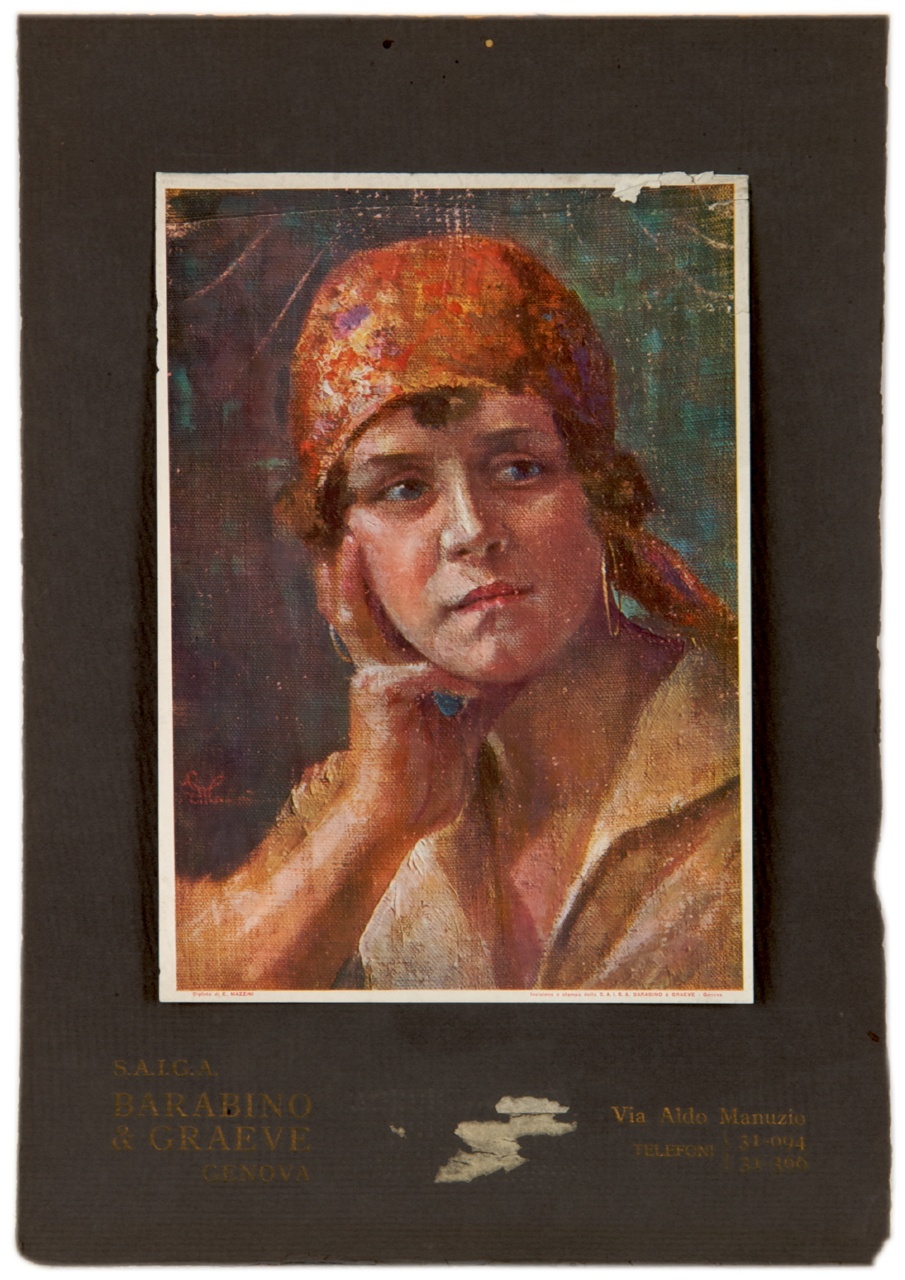 ritratto a mezzo busto di donna con foulard in testa (calendario) di Mazzini Ettore (sec. XX)