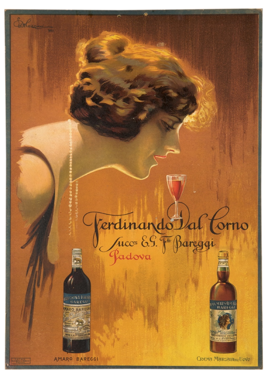 figura femminile a mezzo busto di profilo protesa su un bicchiere (locandina) di Mazzini Ettore (sec. XX)