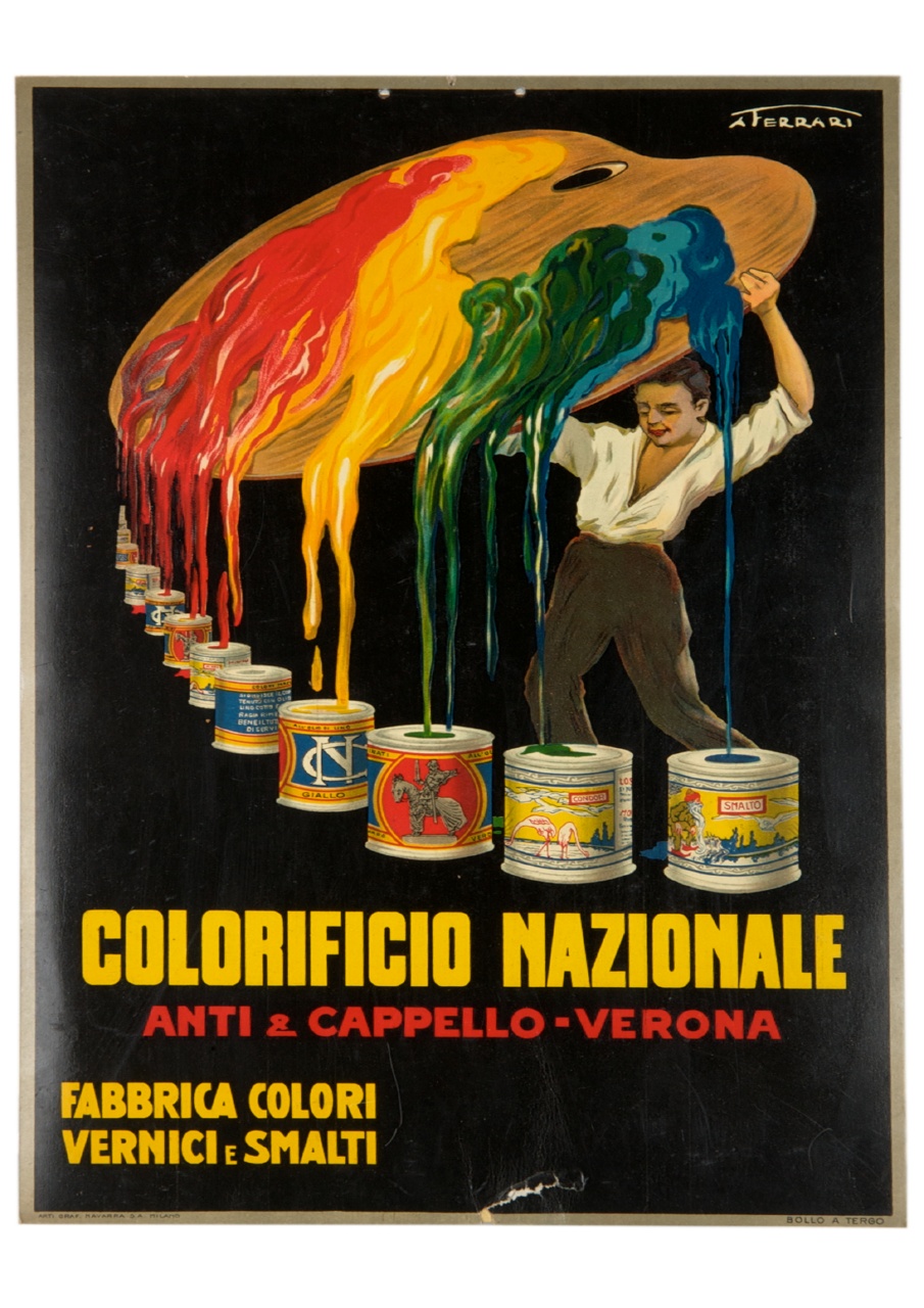 uomo sorregge una tavolozza facendo colare i colori nei barattoli (locandina) di Ferrari Amerigo (sec. XX)
