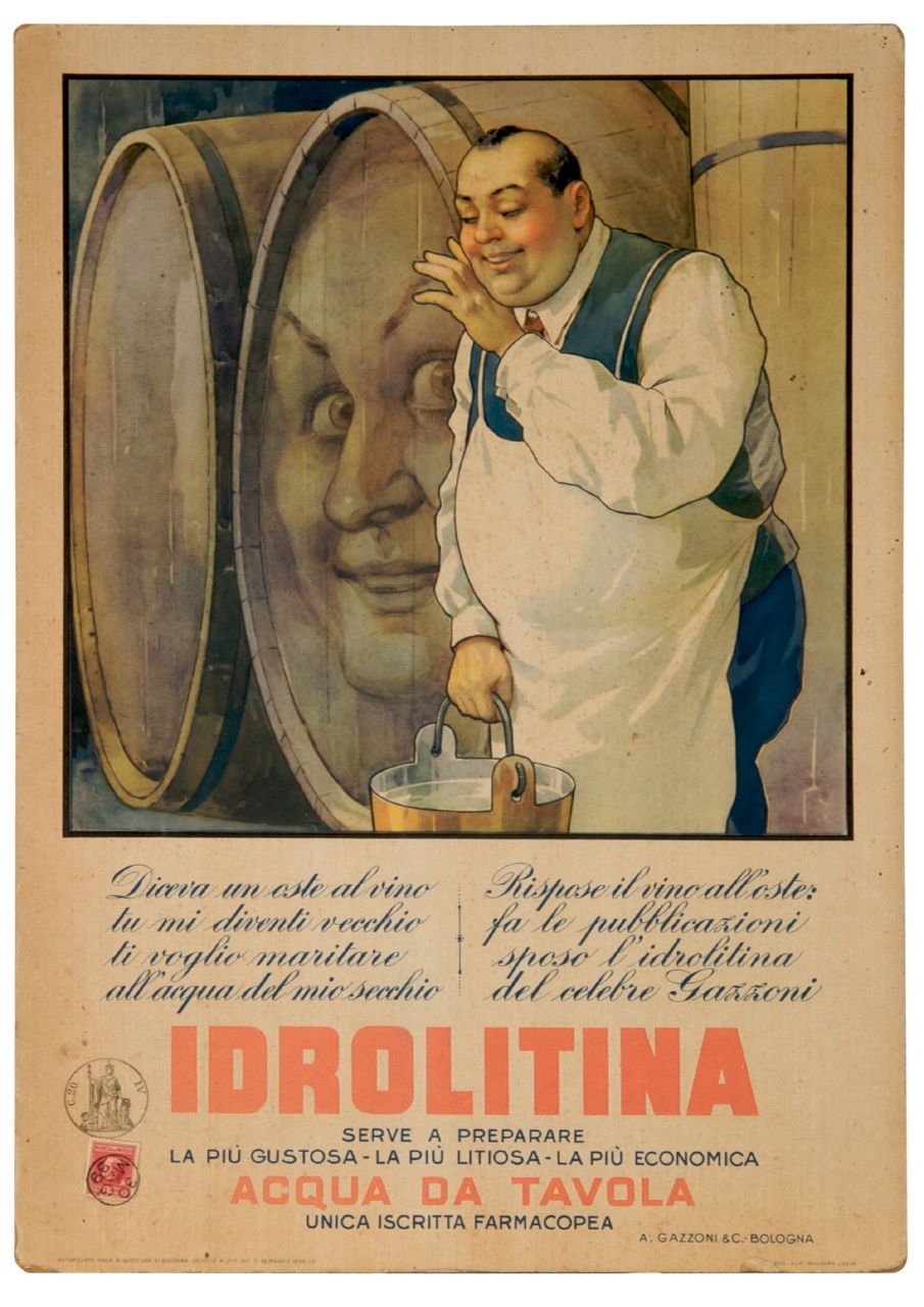 oste con secchio d’acqua parla ad una botte di vino dal volto femminile (locandina) - ambito italiano (sec. XX)