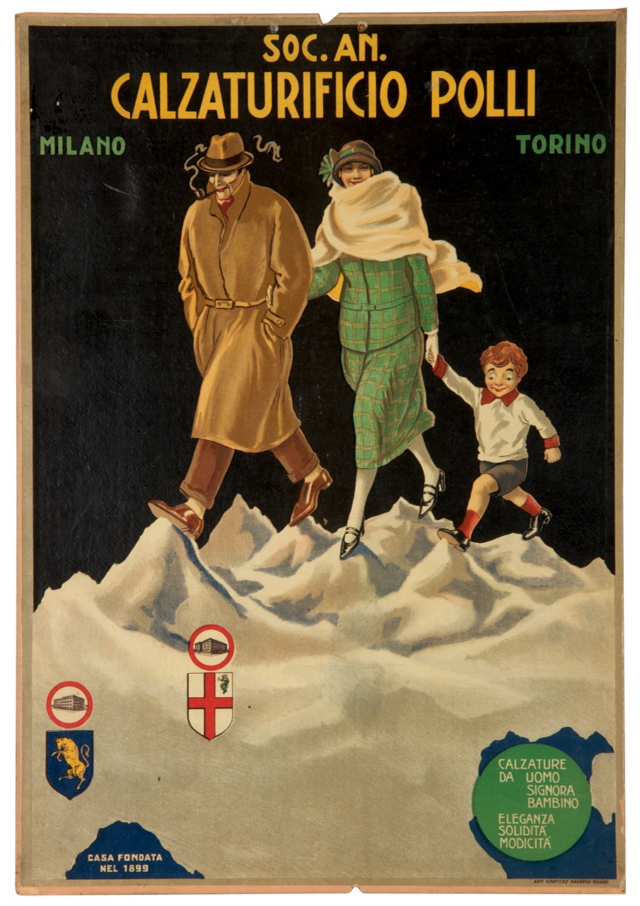 madre padre e figlio camminano sulle cime delle montagne (locandina) - ambito italiano (sec. XX)