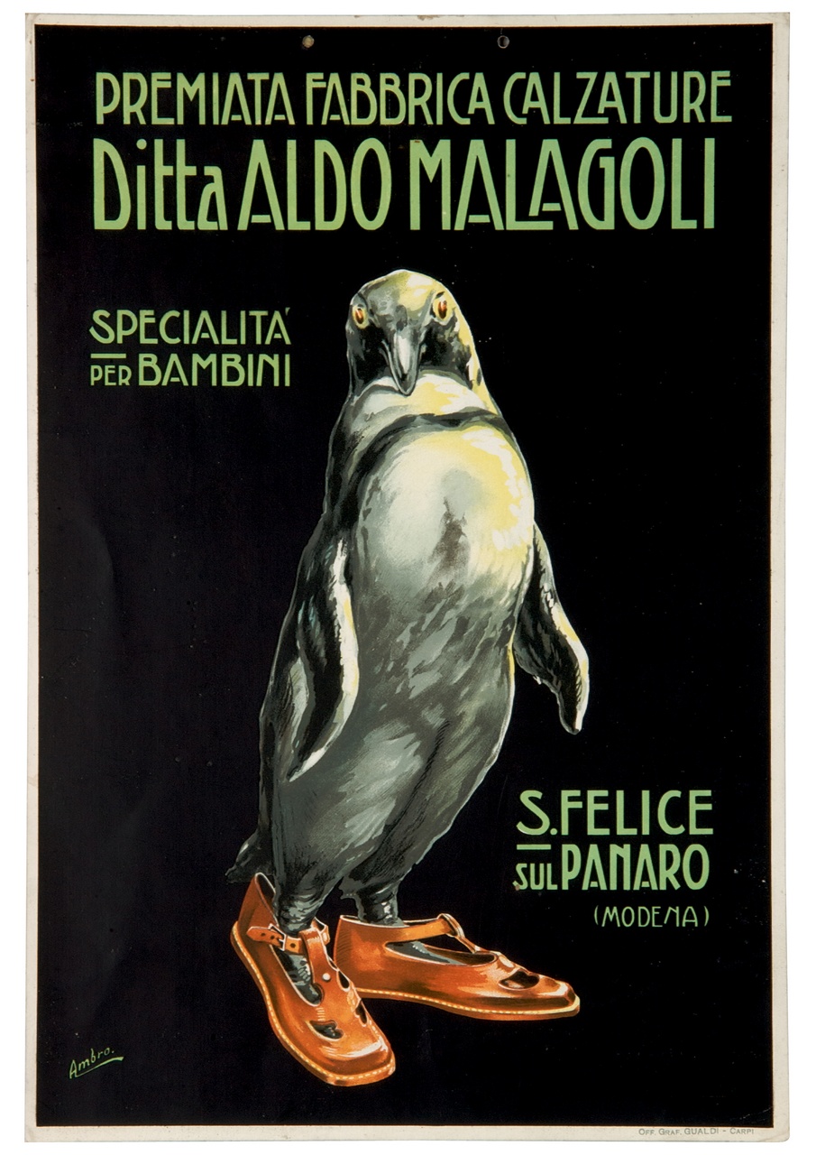 pinguino con scarpe da bambino ai piedi (locandina) di Ambro - ambito italiano (sec. XX)