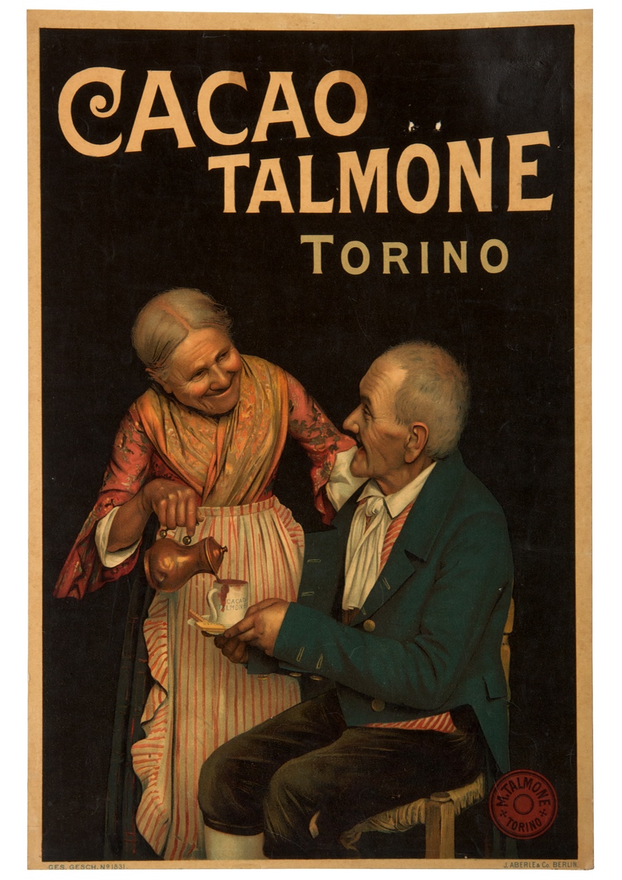 donna anziana versa del cioccolato ad un anziano seduto (locandina) di Oschner - ambito tedesco (secc. XIX/ XX)